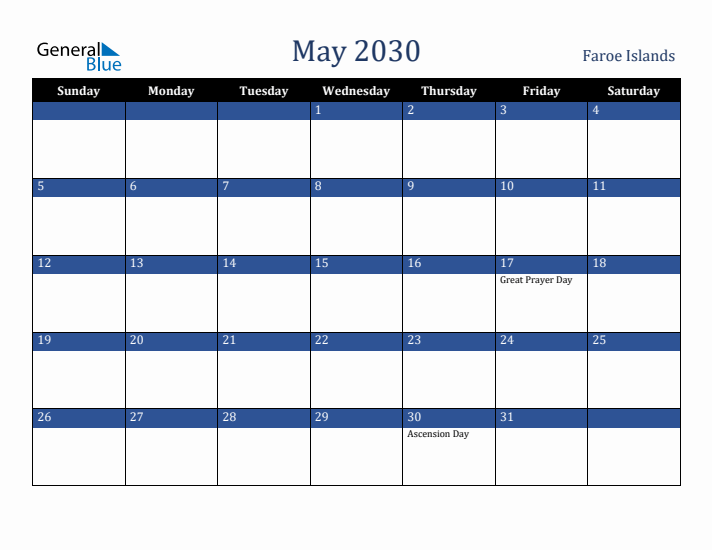 May 2030 Faroe Islands Calendar (Sunday Start)