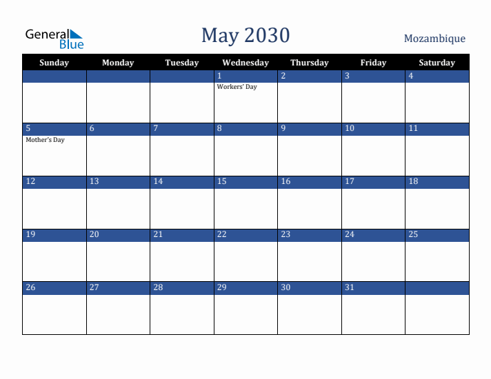 May 2030 Mozambique Calendar (Sunday Start)