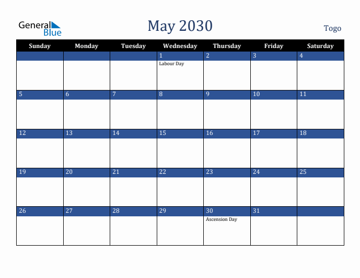 May 2030 Togo Calendar (Sunday Start)