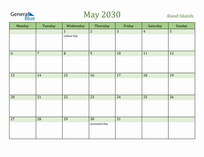 May 2030 Calendar with Aland Islands Holidays