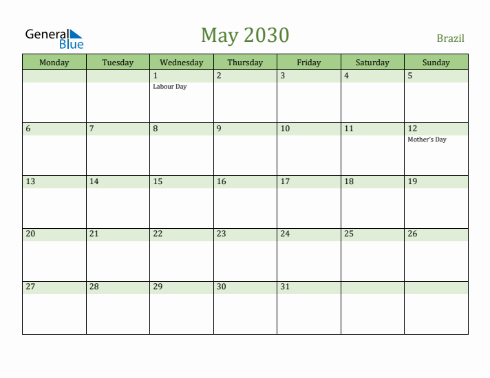 May 2030 Calendar with Brazil Holidays