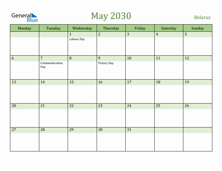 May 2030 Calendar with Belarus Holidays