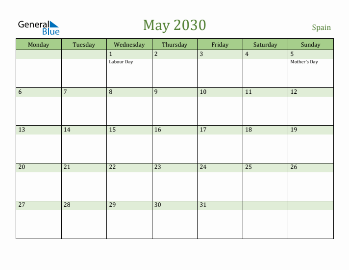 May 2030 Calendar with Spain Holidays