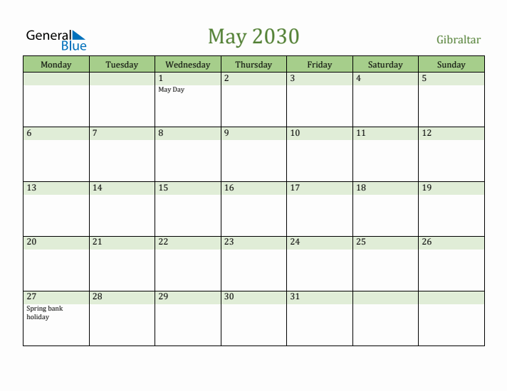 May 2030 Calendar with Gibraltar Holidays