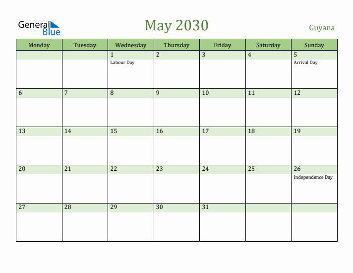 May 2030 Calendar with Guyana Holidays