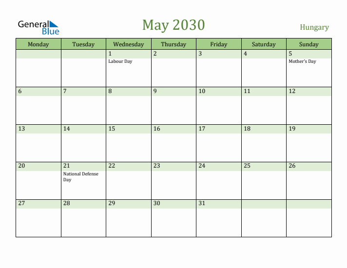 May 2030 Calendar with Hungary Holidays