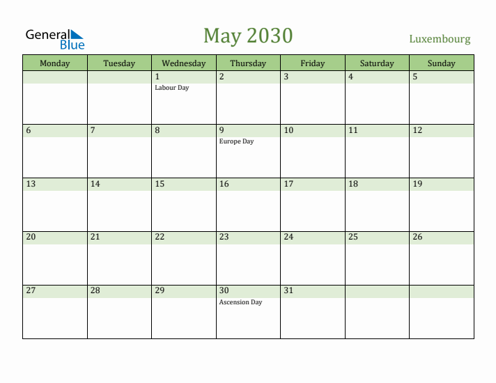 May 2030 Calendar with Luxembourg Holidays