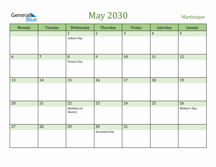 May 2030 Calendar with Martinique Holidays