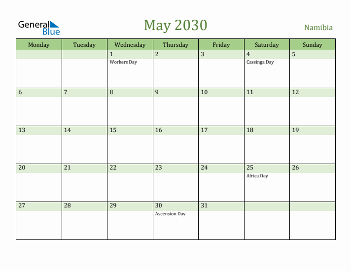 May 2030 Calendar with Namibia Holidays