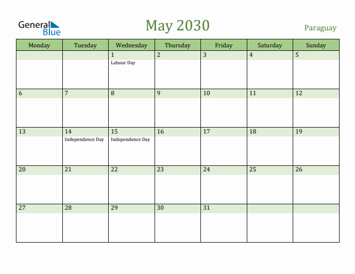 May 2030 Calendar with Paraguay Holidays