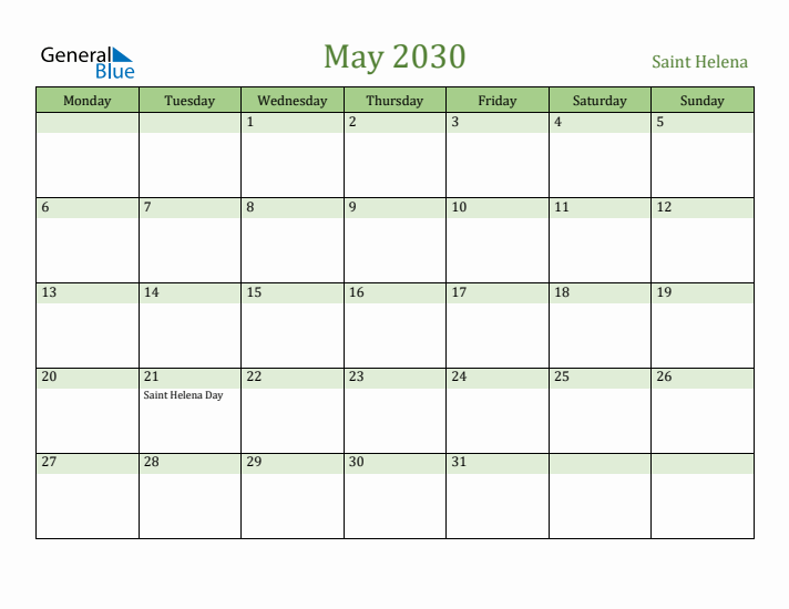 May 2030 Calendar with Saint Helena Holidays