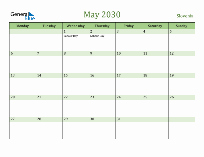 May 2030 Calendar with Slovenia Holidays