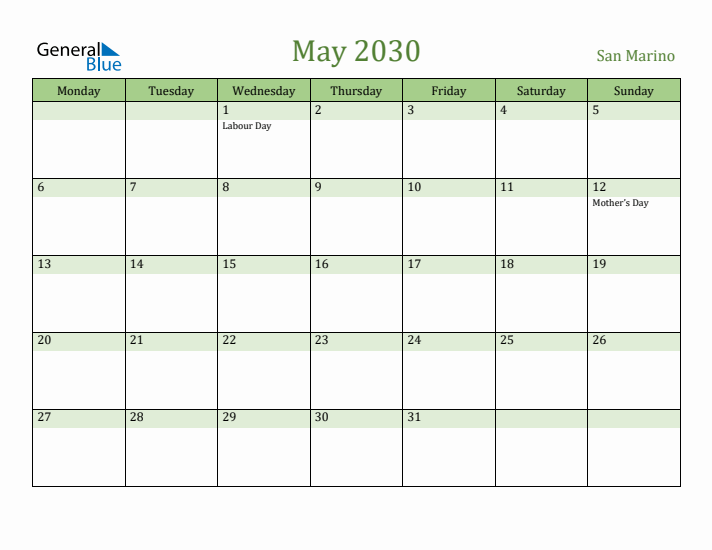 May 2030 Calendar with San Marino Holidays