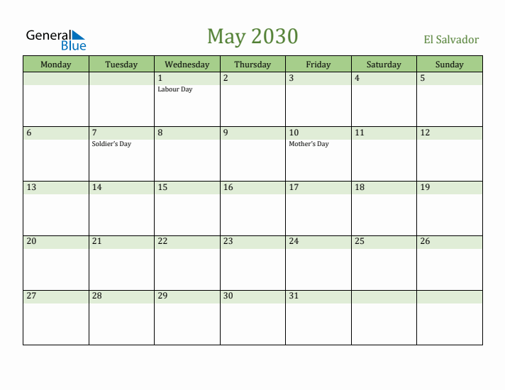 May 2030 Calendar with El Salvador Holidays