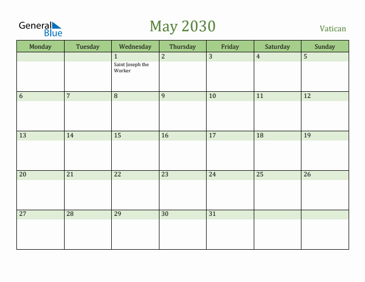 May 2030 Calendar with Vatican Holidays