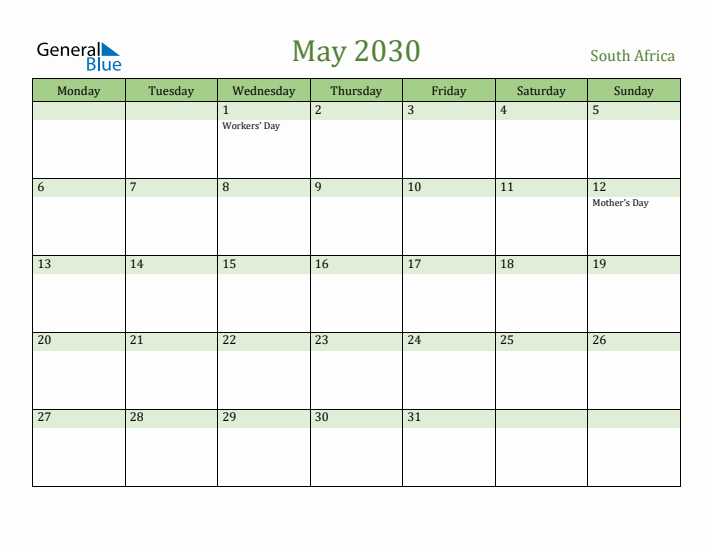 May 2030 Calendar with South Africa Holidays