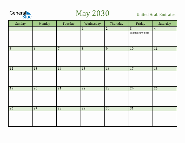 May 2030 Calendar with United Arab Emirates Holidays