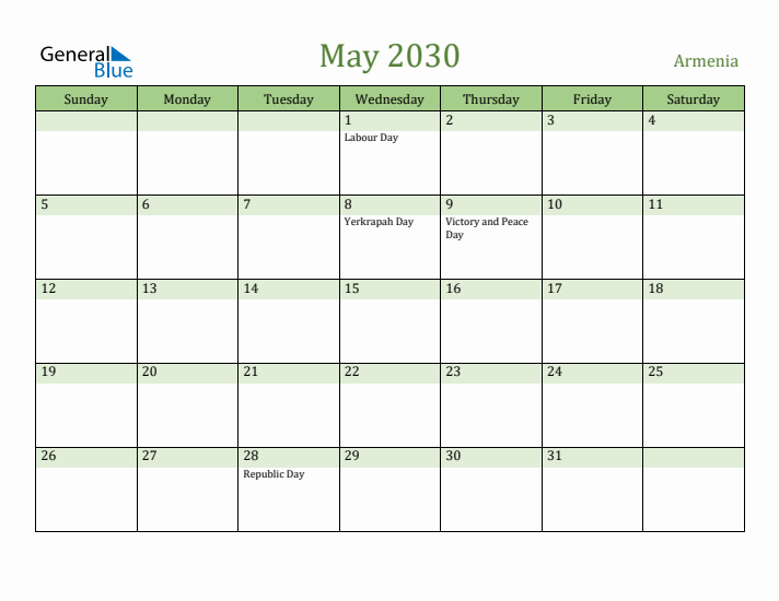 May 2030 Calendar with Armenia Holidays