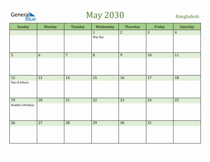 May 2030 Calendar with Bangladesh Holidays