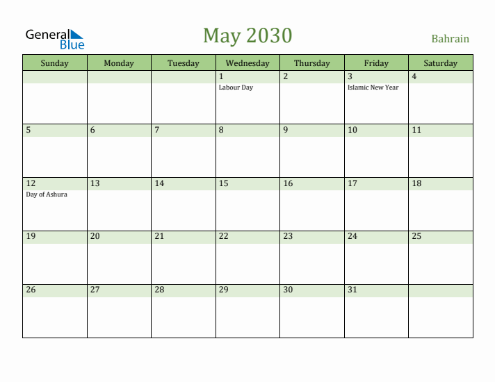 May 2030 Calendar with Bahrain Holidays