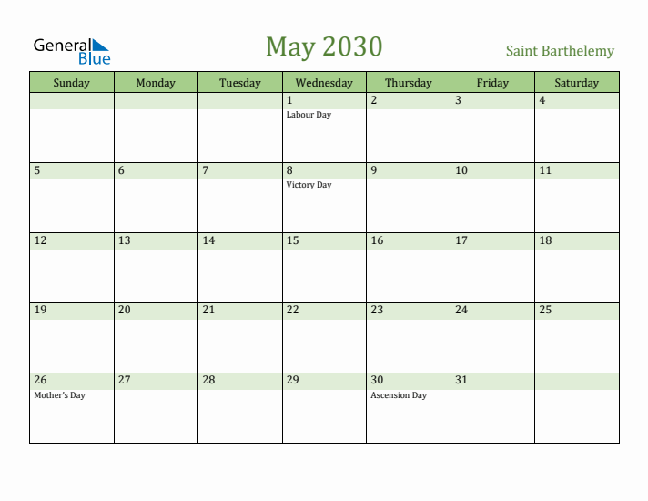 May 2030 Calendar with Saint Barthelemy Holidays