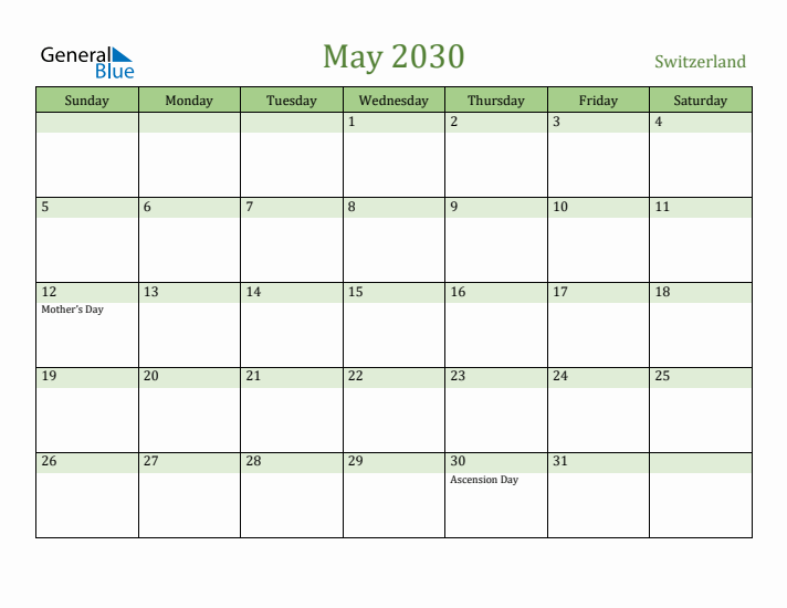 May 2030 Calendar with Switzerland Holidays