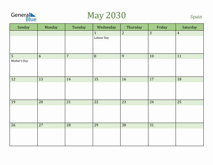 May 2030 Calendar with Spain Holidays