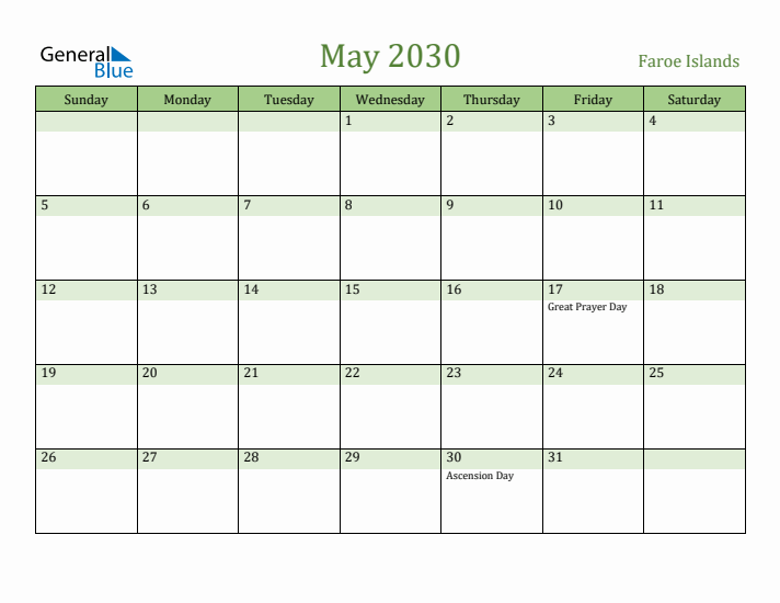 May 2030 Calendar with Faroe Islands Holidays