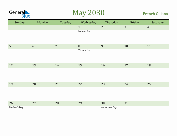 May 2030 Calendar with French Guiana Holidays