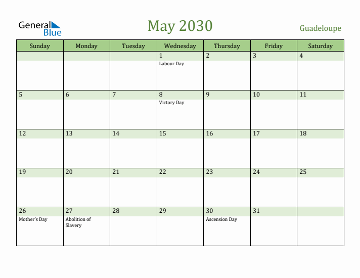 May 2030 Calendar with Guadeloupe Holidays