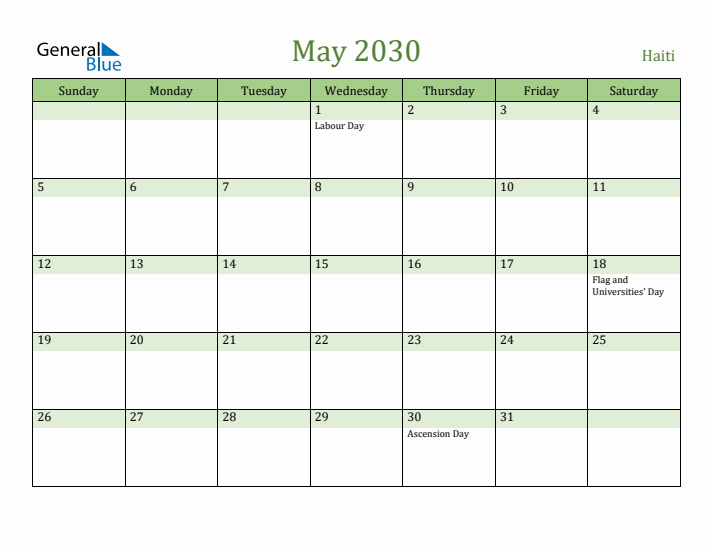 May 2030 Calendar with Haiti Holidays