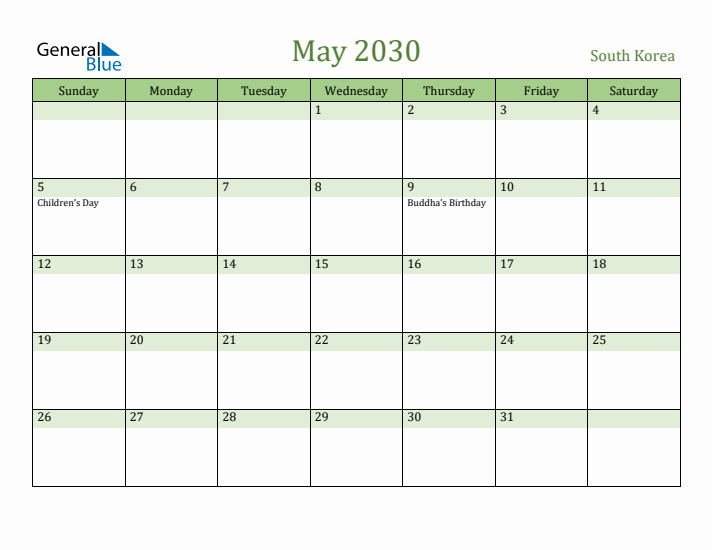 May 2030 Calendar with South Korea Holidays