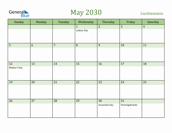 May 2030 Calendar with Liechtenstein Holidays