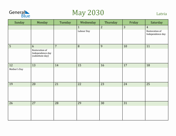 May 2030 Calendar with Latvia Holidays