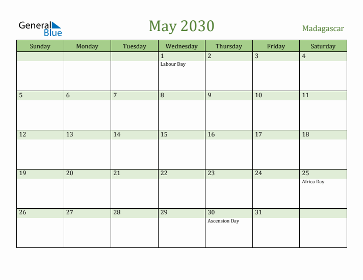 May 2030 Calendar with Madagascar Holidays