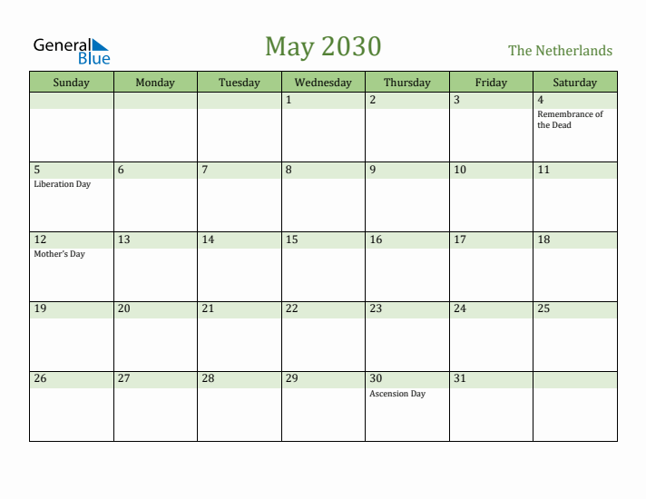 May 2030 Calendar with The Netherlands Holidays