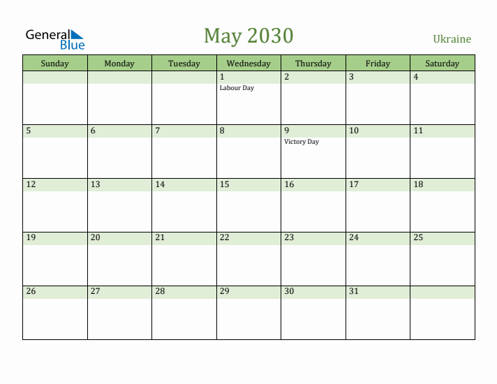 May 2030 Calendar with Ukraine Holidays