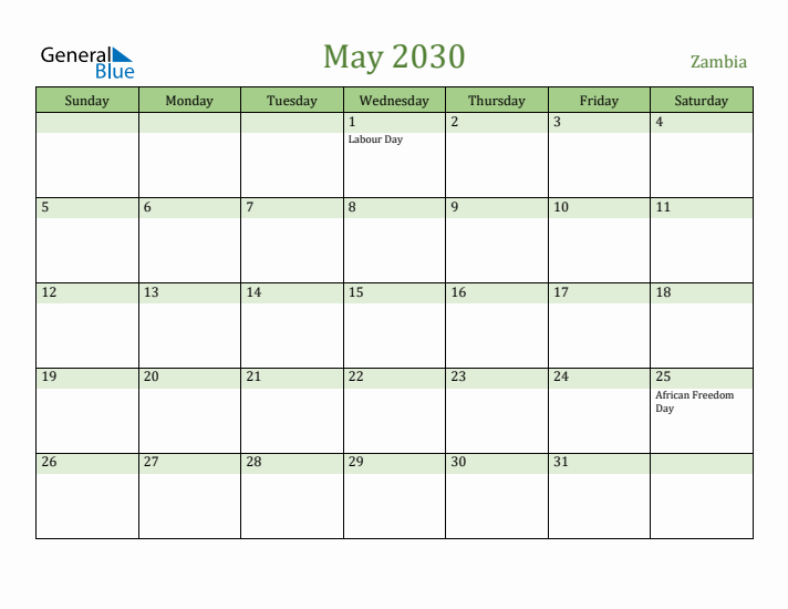 May 2030 Calendar with Zambia Holidays