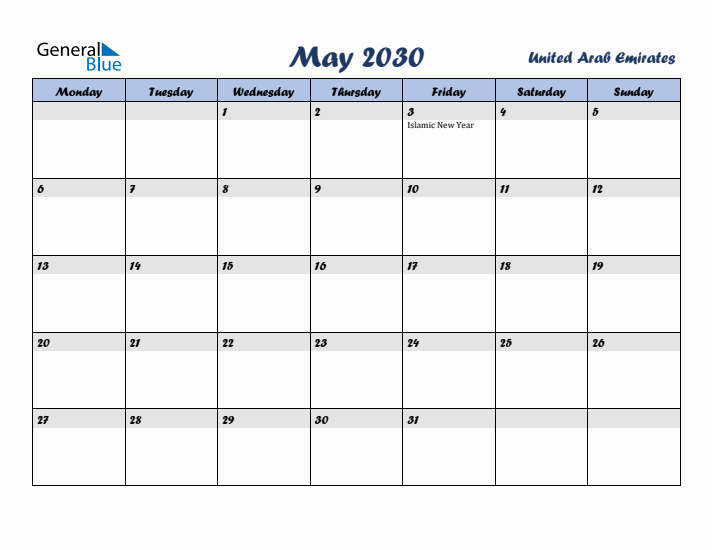 May 2030 Calendar with Holidays in United Arab Emirates