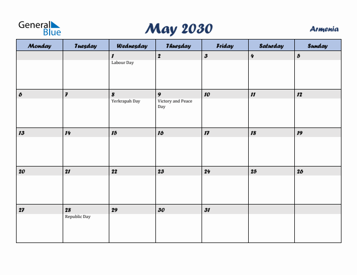 May 2030 Calendar with Holidays in Armenia