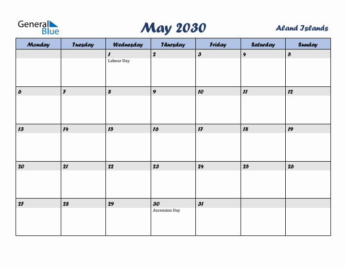 May 2030 Calendar with Holidays in Aland Islands