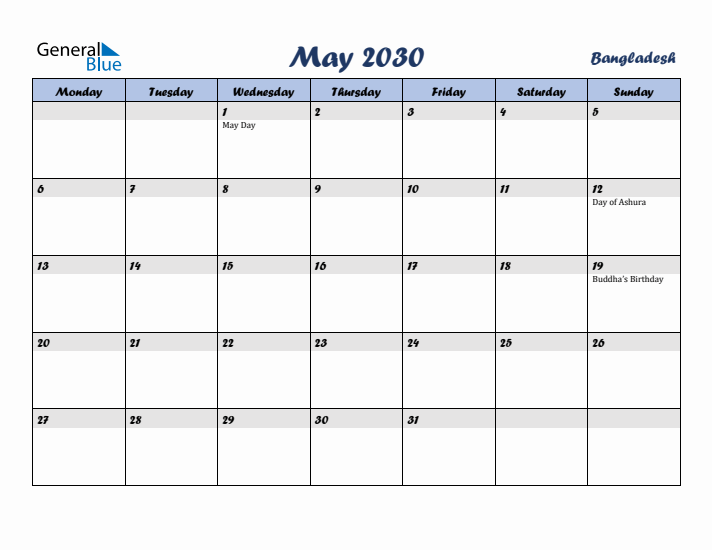 May 2030 Calendar with Holidays in Bangladesh