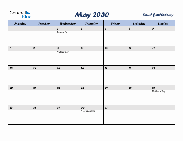 May 2030 Calendar with Holidays in Saint Barthelemy