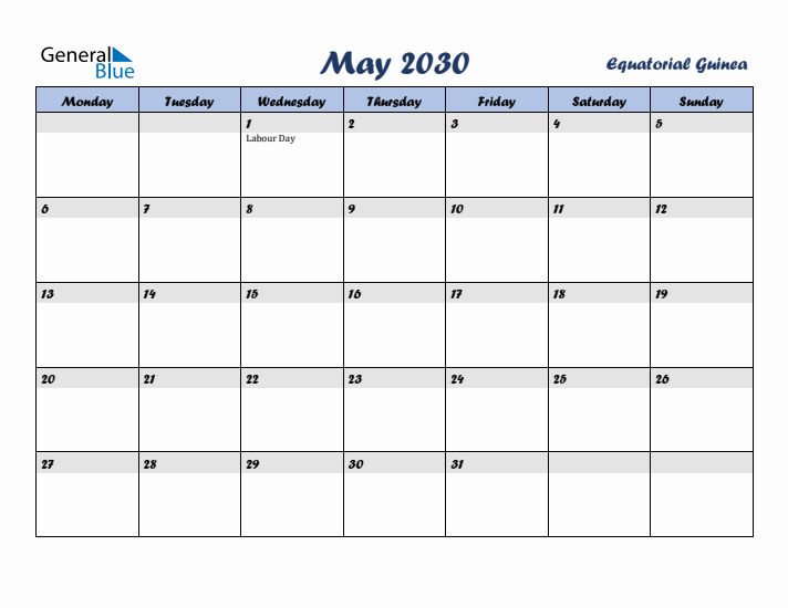 May 2030 Calendar with Holidays in Equatorial Guinea