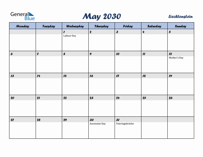 May 2030 Calendar with Holidays in Liechtenstein