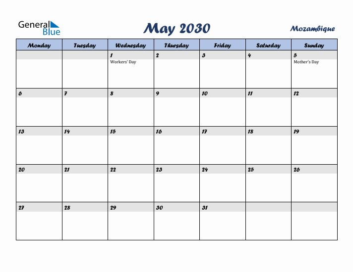 May 2030 Calendar with Holidays in Mozambique