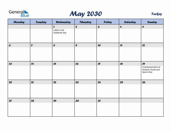 May 2030 Calendar with Holidays in Turkey