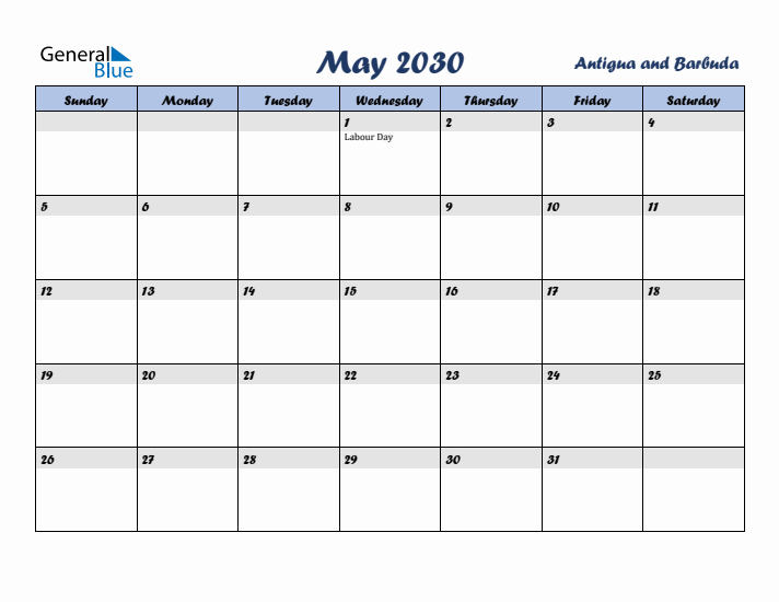 May 2030 Calendar with Holidays in Antigua and Barbuda