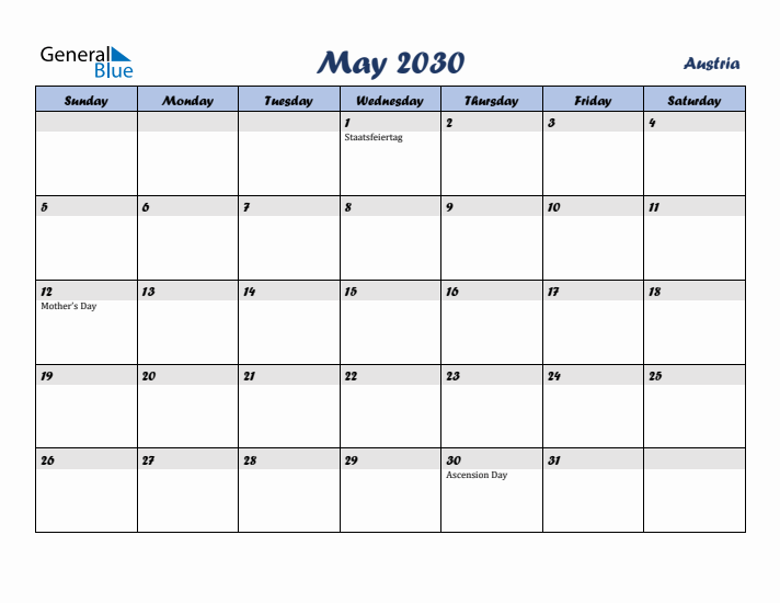 May 2030 Calendar with Holidays in Austria