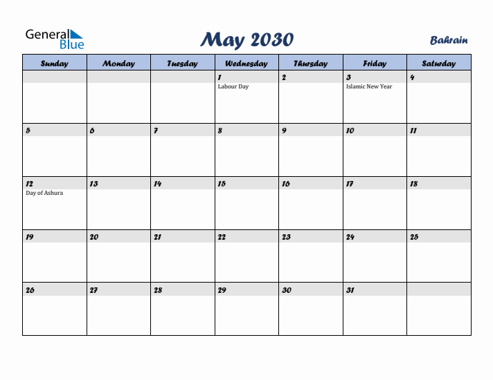 May 2030 Calendar with Holidays in Bahrain